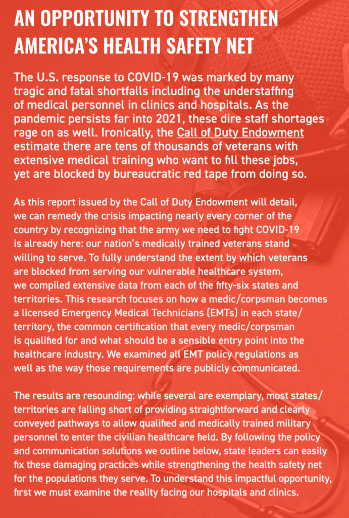 Call of Duty Endowment finds critical healthcare vacancies should be filled – by veterans