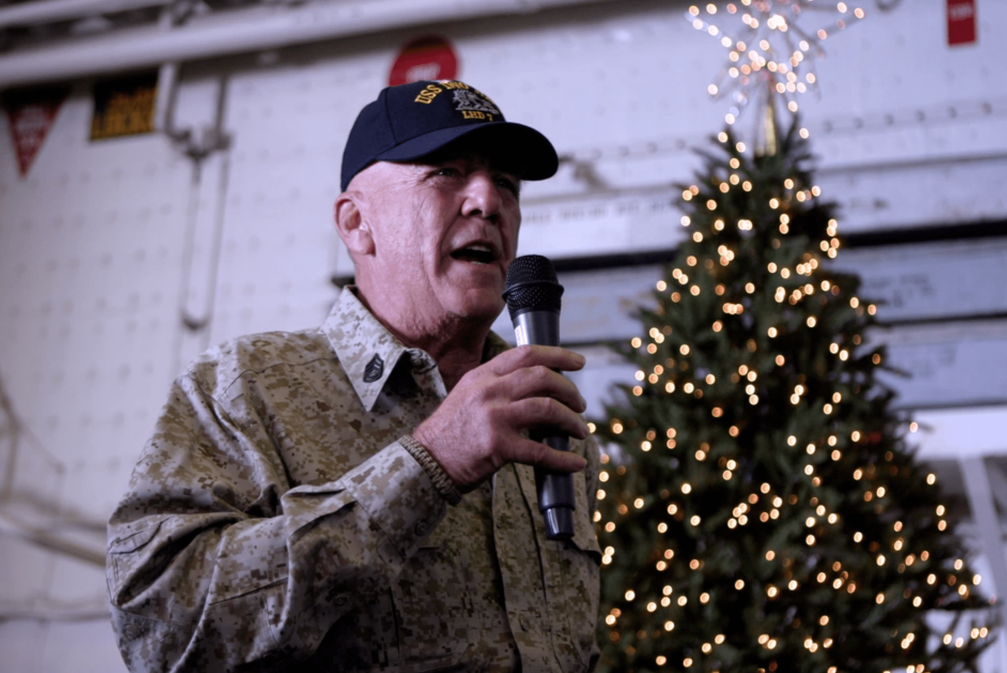 Actor and Marine Corps icon Gunnery Sgt. R. Lee Ermey speaks to Sailors and Marines aboard the amphibious assault ship USS Iwo Jima in the Persian Gulf. Ermey visited Iwo Jima as a Moral, Welfare and Recreation event for deployed troops during the holiday season, 2008. Photo: DVIDS