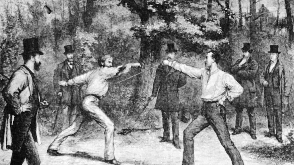 The Code Of Honor—A Duel in the Bois De Boulogne, Near Paris, wood-engraving after Godefroy Durand, Harper's Weekly (January 1875)