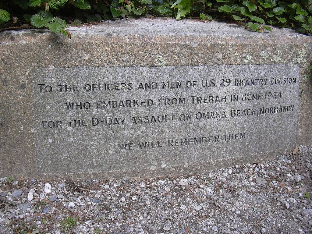 Memorial of the 29th Infantry Division's embarkation for D-Day in <a href="https://en.wikipedia.org/wiki/Trebah">Trebah</a>, United Kingdom.
