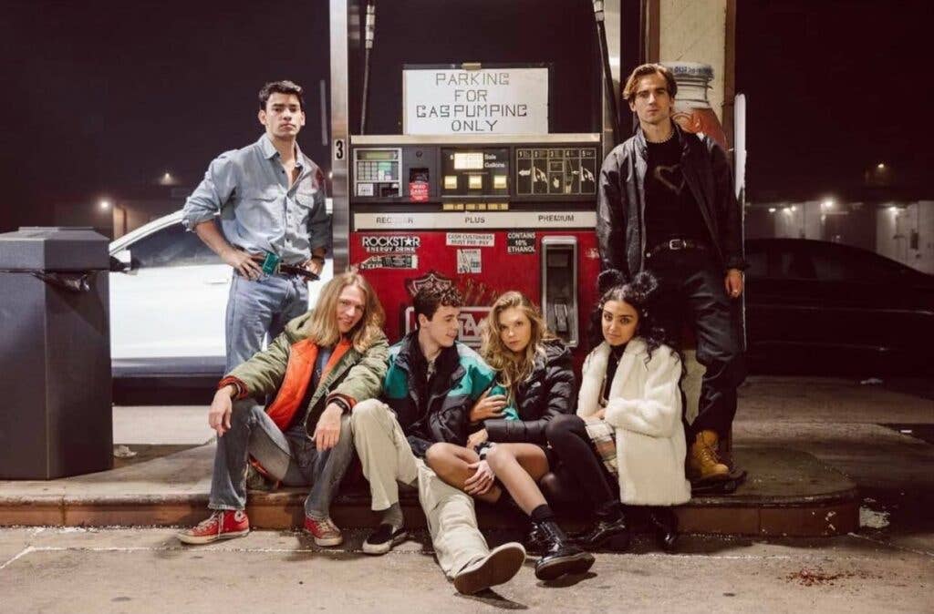 The cast of <em>Turbo Cola</em> from left to right is Anthony Notarile (standing), Erik Walker Neil (seated), Nicolas Stoesser (seated), Jordyn Denning (seated), Brooke Maroon (seated), and Landon Tavernier (standing).  Photo courtesy of Brandon Keeton.
