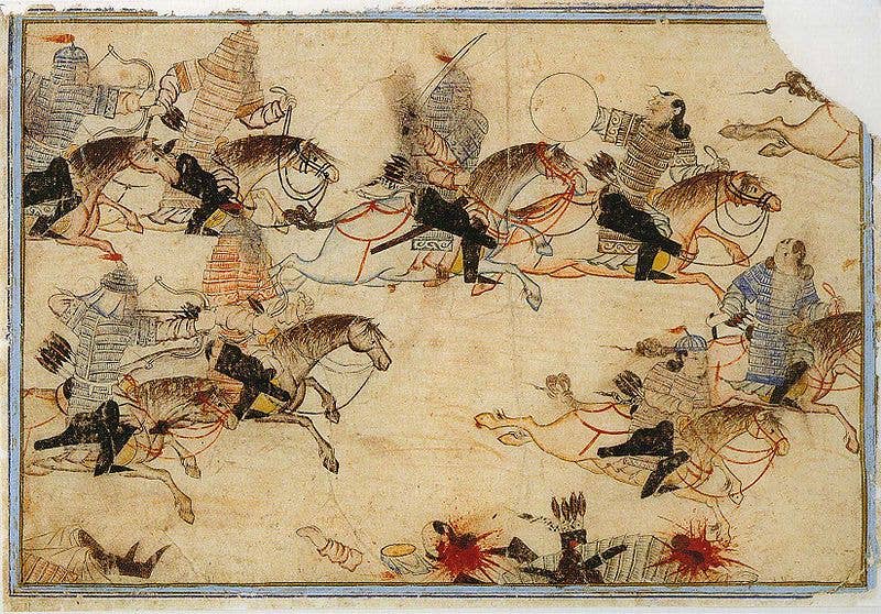 Mounted warriors pursue enemies. Illustration of Rashid-ad-Din's Gami' at-tawarih. Tabriz. (Public domain)