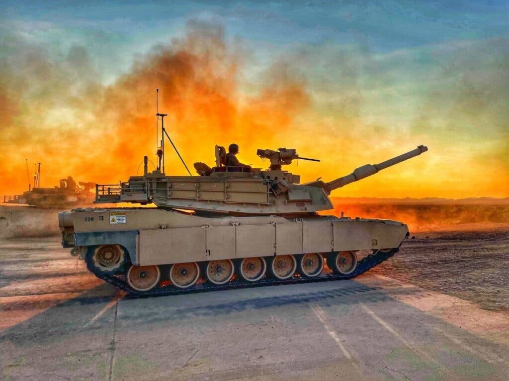 <em>The M1A2 Abrams tanks that participated in the AMP round tests in Yuma (U.S. Army)</em>