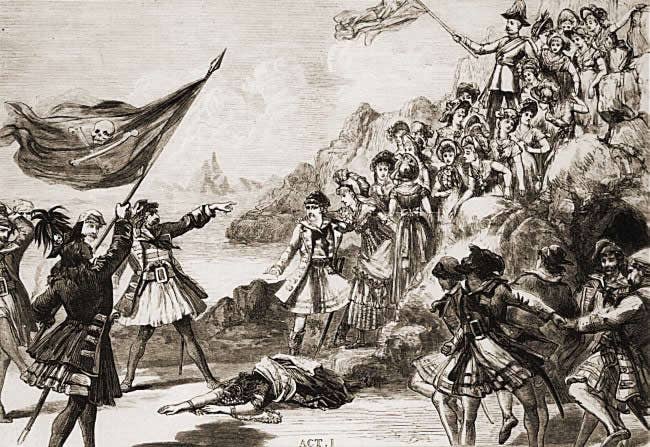 The Jolly Roger raised in an illustration for <a href="https://en.wikipedia.org/wiki/Gilbert_and_Sullivan">Gilbert and Sullivan</a>'s <em><a href="https://en.wikipedia.org/wiki/The_Pirates_of_Penzance">The Pirates of Penzance</a></em>.