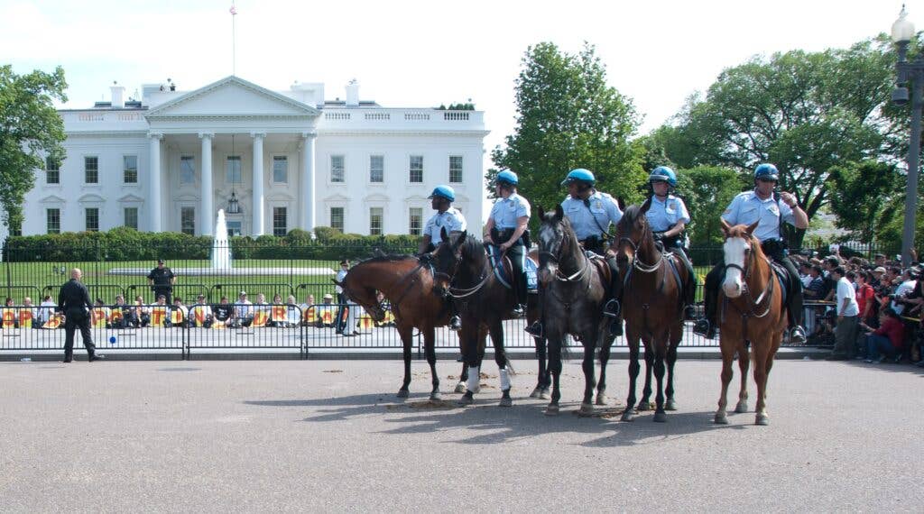 The Horse Mounted Unit offer assistance during a protest at the White House sidewalk. (NPS.gov)