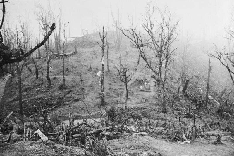 The Battle of Kohima March - July 1944: View of the Garrison Hill battlefield with the British and Japanese positions shown. Garrison Hill was the key to the British defences at Kohima. (Public domain)