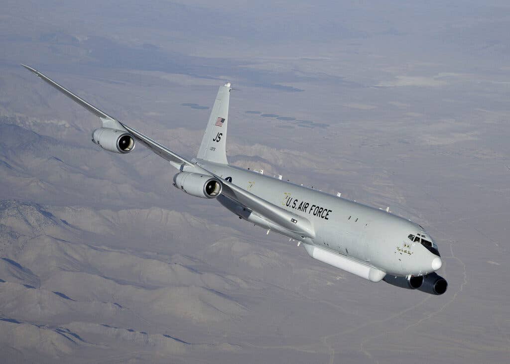 <em>An E-8C performs a test flight over Edwards Air Force Base (U.S. Air Force)</em>