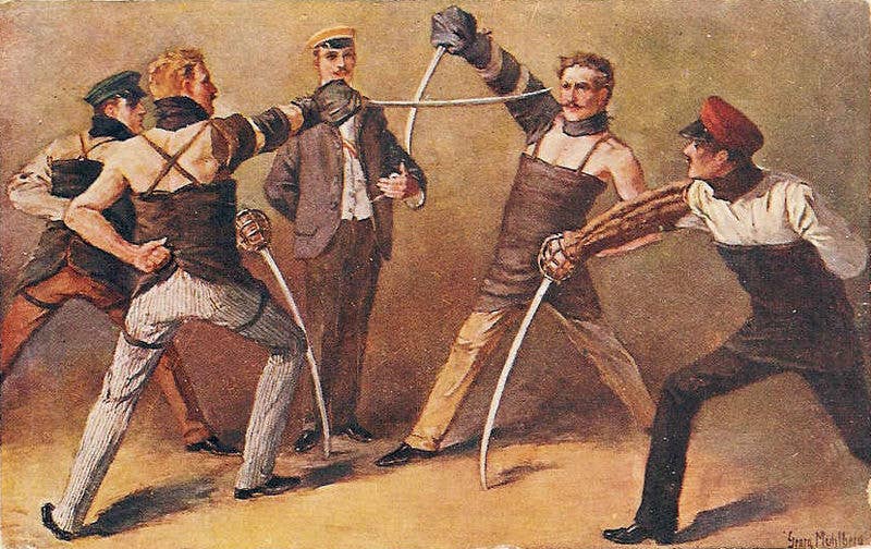 German students of a <a href="https://en.wikipedia.org/wiki/Burschenschaft">Burschenschaft</a> fighting a sabre duel, around 1900, painting by <a href="https://en.wikipedia.org/wiki/Georg_M%C3%BChlberg">Georg Mühlberg</a> (1863–1925)