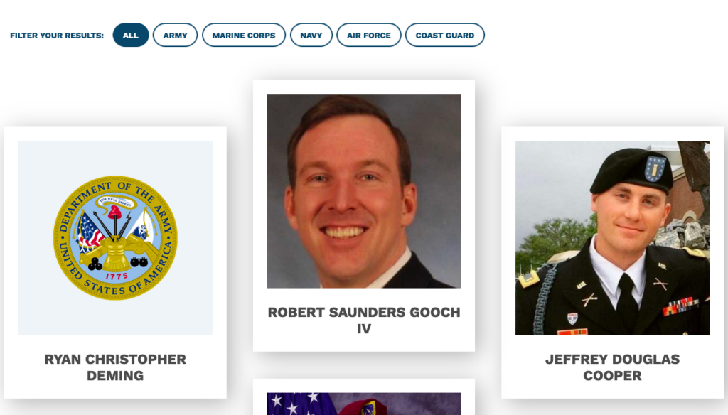 A sample of the results page from the memorial website.