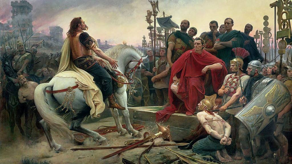 Vercingetorix throws down his arms at the feet of Julius Caesar, painting by Lionel Royer. (Wikipedia)