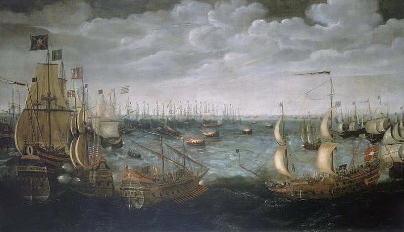 English fireships launched at the Spanish armada off Calais. (Public domain)