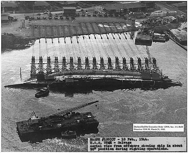 The USS Utah being salvaged. (U.S. Navy photo)