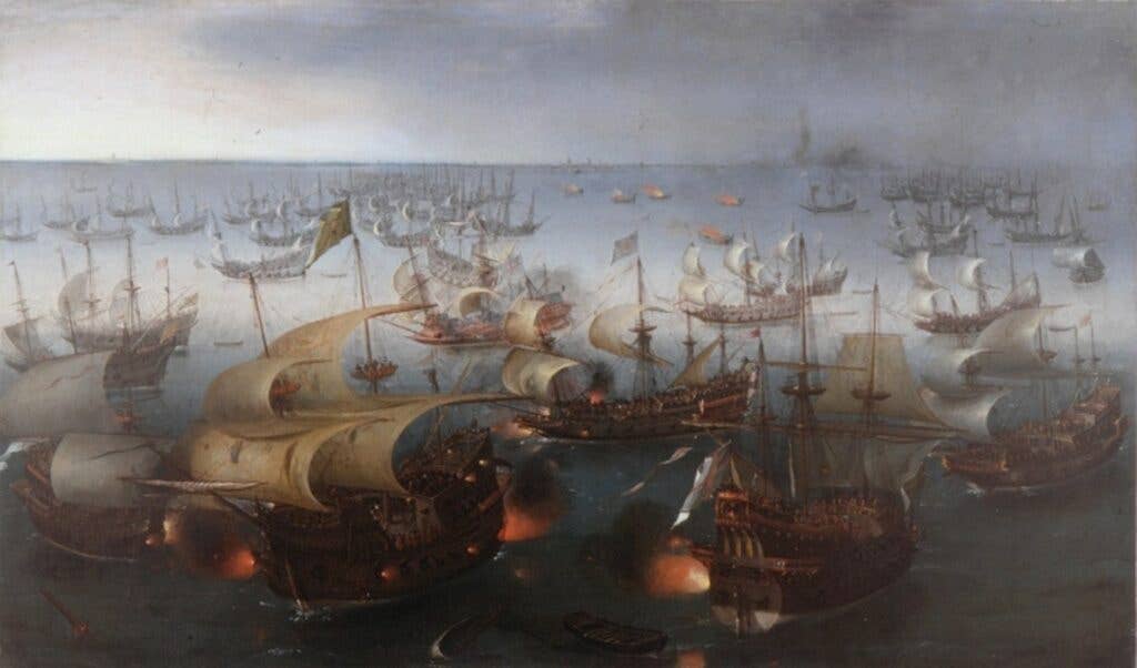 <em>Day seven of the battle with the Armada, 7 August 1588</em>, by <a href="https://en.wikipedia.org/wiki/Hendrick_Cornelisz_Vroom">Hendrick Cornelisz Vroom</a>, 1601