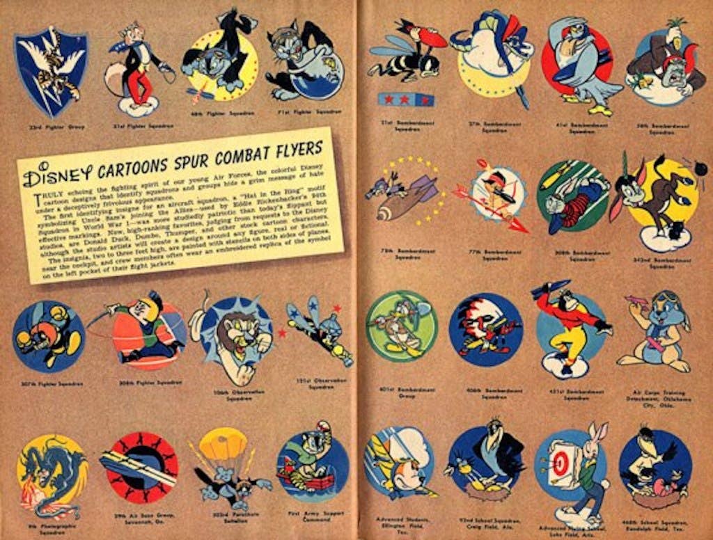 Spread from the April 1944 edition of “Scientific American” showing some of the most popular Disney-designed insignia. (Division of Armed Forces History)