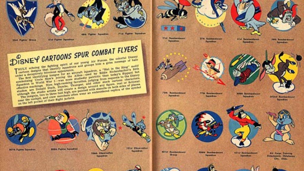 Spread from the April 1944 edition of “Scientific American” showing some of the most popular Disney-designed insignia. (Division of Armed Forces History)