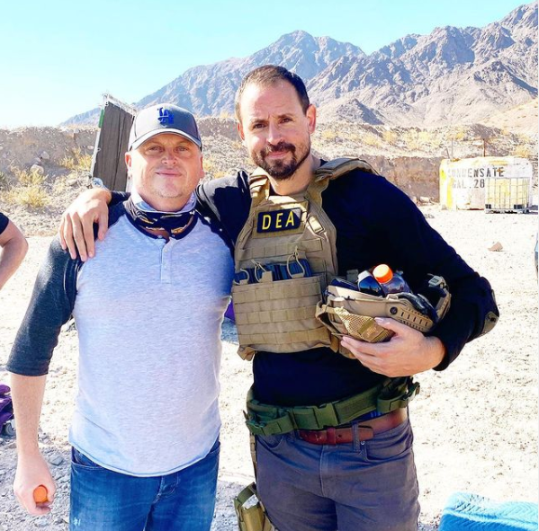 Director RJ Collins (left) and screenwriter Rich Ronat (right) on the set of <em>American Sicario</em>. Photo courtesy of RJ Collins.