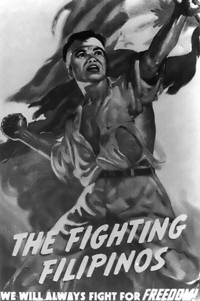 A propaganda poster depicts the Philippine resistance movement during the first year of Japanese occupation. Following the fall of Corregidor on May 6, 1942, the Philippine guerrilla movement provided valuable behind the lines intelligence reports to Allied strategists, as well as ambushing the occupying Japanese forces. (Public domain)