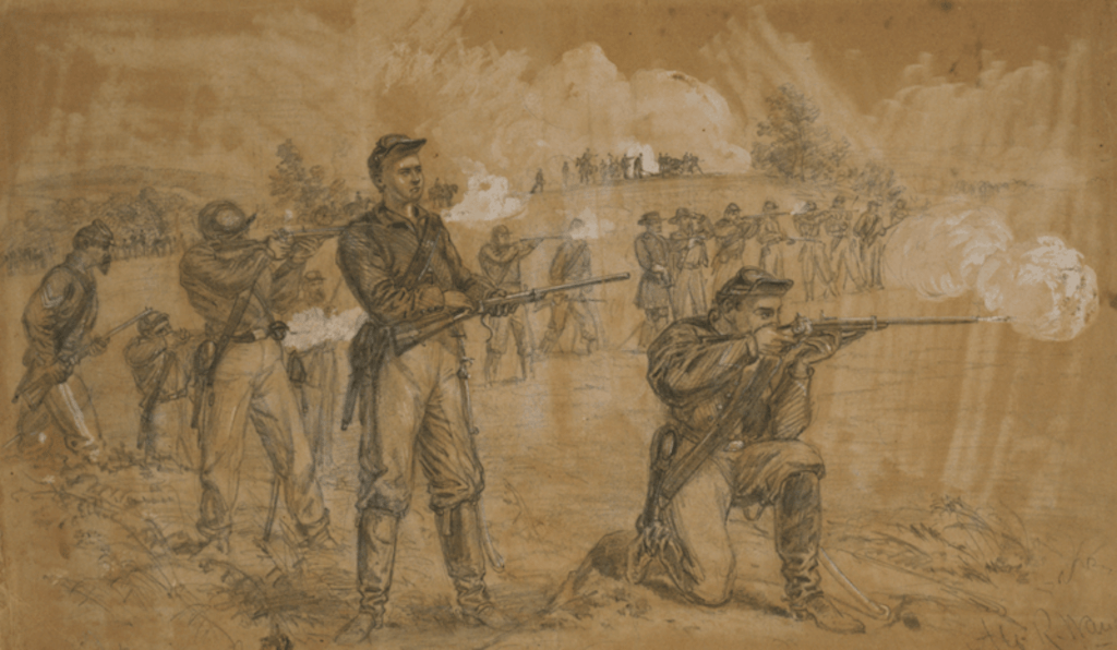 Alfred Waud painting showing men of the 1st Maine Cavalry with Sharps carbines during the battle of Middleburg.