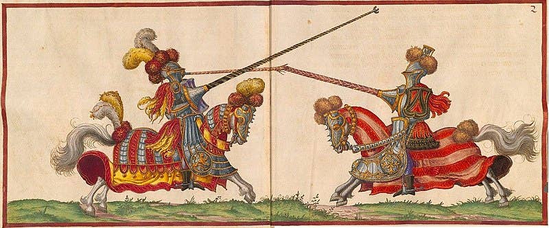 <a href="https://en.wikipedia.org/wiki/German_Renaissance">Renaissance-era</a> depiction of a joust in traditional or "high" armour, based on then-historical late medieval armour (<a href="https://en.wikipedia.org/wiki/Paulus_Hector_Mair">Paulus Hector Mair</a>, <em>de arte athletica</em>, 1540s).