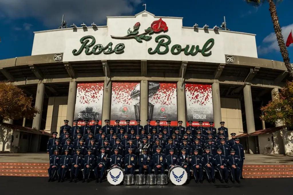 <em>Gen. Brown (front row, center) with the Air Force Total Force Band at the Rose Bowl (U.S. Air Force)</em>