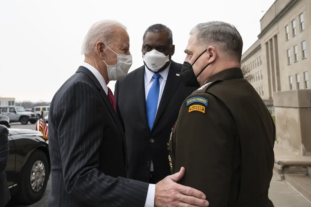 <em>President Biden speaks with Secretary Austin and Gen. Milley during a trip to the Pentagon (DoD)</em>