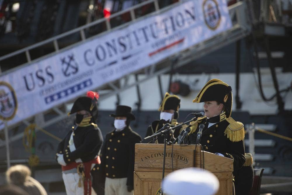 <em>Farrell delivers remarks during the change of command ceremony (U.S. Navy)</em>