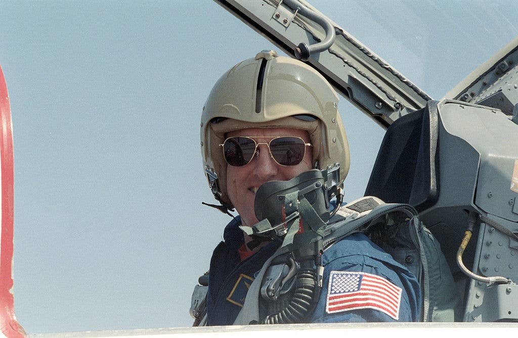 Misison Specialist James Buchlie prepares for departure from Ellington Field to kennedy Space Center for Space Shuttle Discovery's STS-29 mission. Born on June 20, 1945, Buchli was a mission specialist on STS-51C, STS-61A, STS-29, and STS-48. (Public domain)