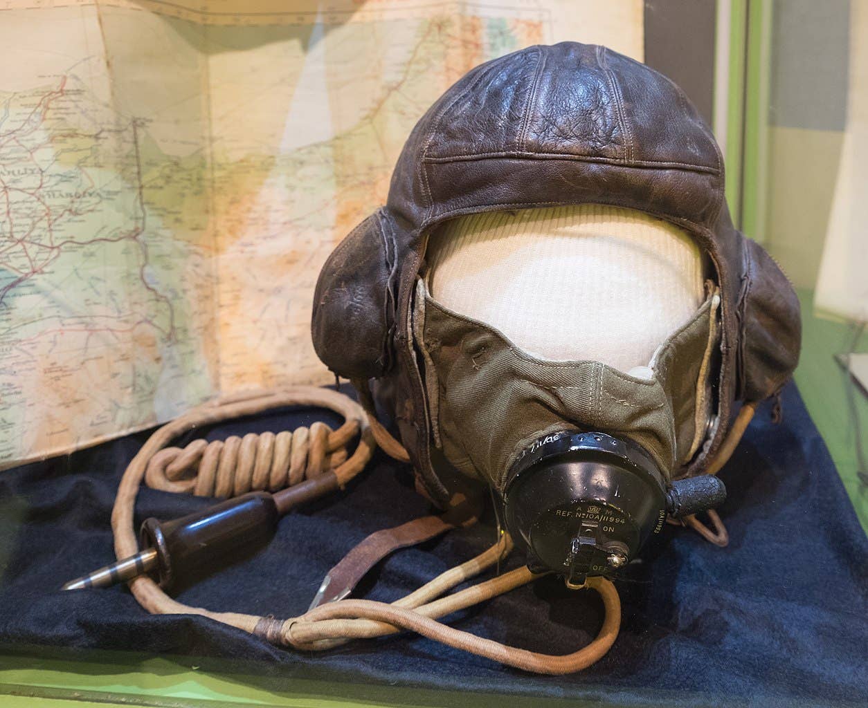 Roald Dahl's leather flying helmet which is equipped with communication cables and oxygen mask. Dahl was an RAF fighter pilot in the Second World War. This item is on display in the Roald Dahl Museum and Story Centre in Great Missenden, Buckinghamshire. (Public domain)