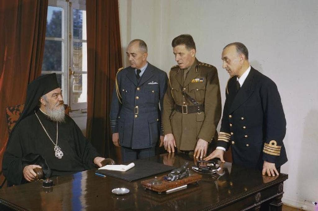 Damaskinos as regent of Greece with the chiefs of the armed forces, February 1945. (Imperial War Museum)