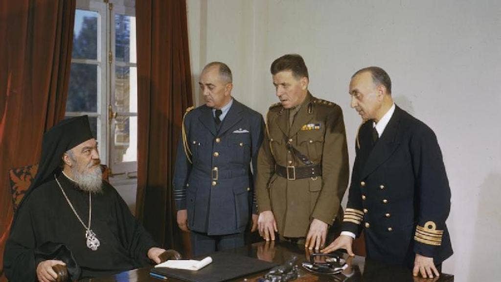 Damaskinos as regent of Greece with the chiefs of the armed forces, February 1945. (Imperial War Museum)