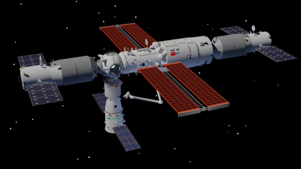 Rendering of Tiangong Space Station in October 2021, with Tianhe core module in the middle, Tianzhou at two ends and Shenzhou at nadir.