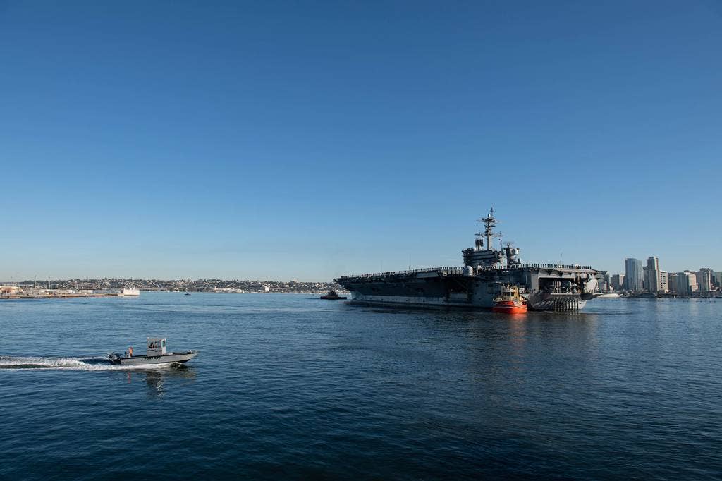 <em>USS </em>Abraham Lincoln<em> transits San Diego bay for a scheduled deployment on January 3, 2022 (U.S. Navy)</em>