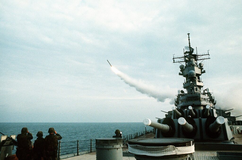 <em>USS </em>Wisconsin<em> fires a Tomahawk during Operation Desert Storm (U.S. Navy)</em>