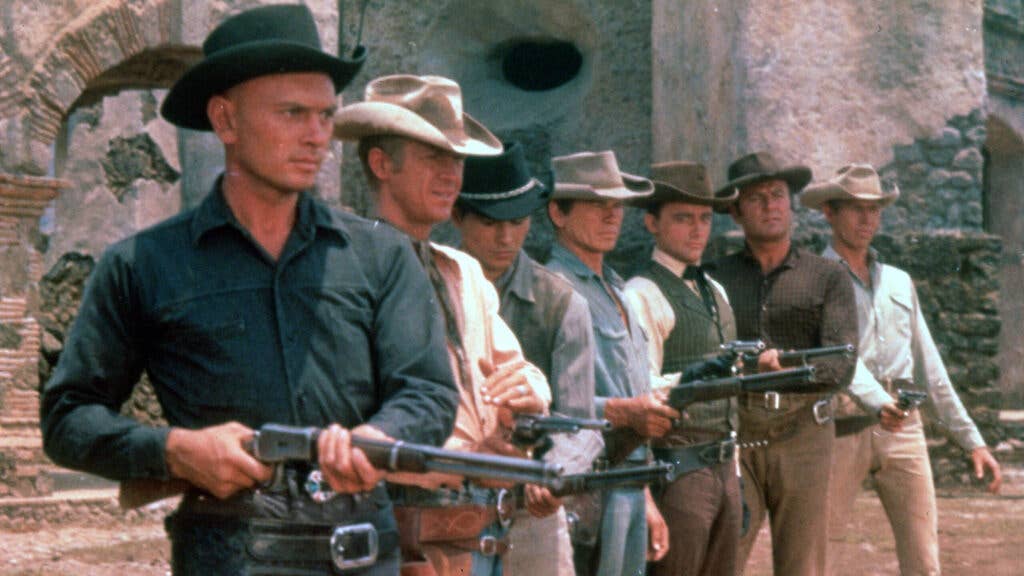 The Seven from left to right are Brynner, McQueen, Buchholtz, Bronson, Vaughn, Dexter and Coburn. Photo courtesy of Thirteen.org.