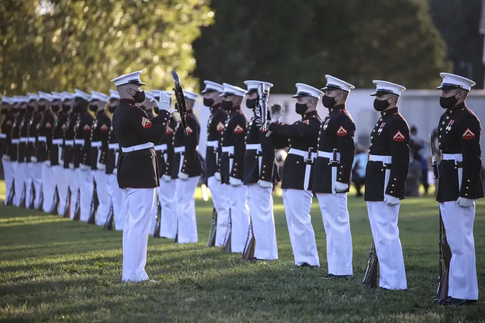 U.S. Marines from the Marine Corps Silent Drill Platoon perform at The Basic School aboard Marine Corps Base Quantico, Va., Oct. 2, 2020. The Silent Drill Platoon has been active for 72 years and customarily represent the Marine Corps at Marine Barracks Washington, D.C. (U.S. Marine Corps photo by Cpl. Joshua Pinkney)