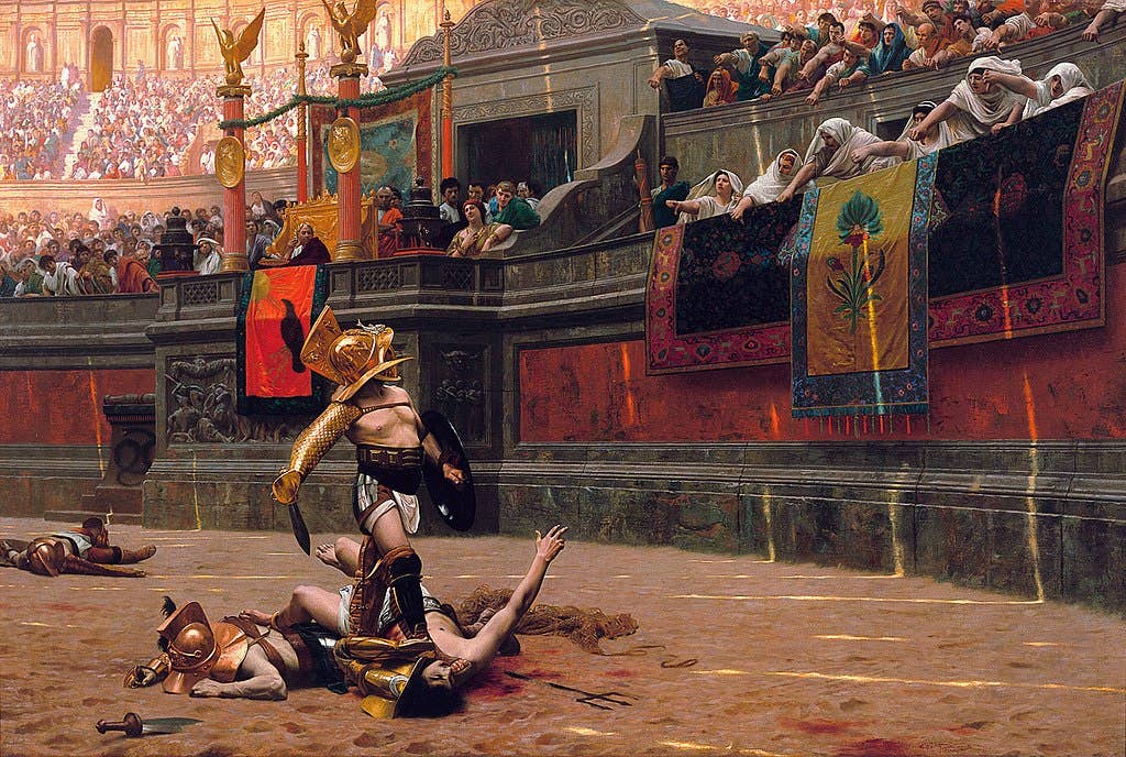 A <em>murmillo</em> stands victorious over a <em>retiarius</em> in <em>Pollice Verso</em>, a painting by Jean-Léon Gérôme (1872).