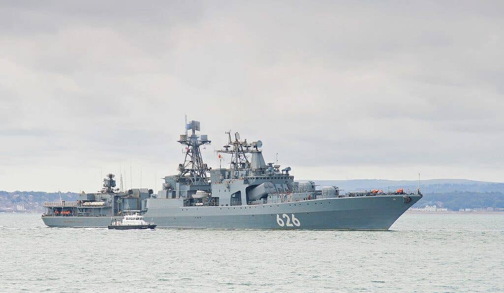 A Udaloy class destroyer of the Russian Federation Navy <strong>RFS <em>Vitse Admiral Kulakov</em></strong> inward bound to Portsmouth Naval Base, UK, for a five-day visit, 24 August 2012. Vitse Admiral Kulakov has recently been deployed in the Indian Ocean on anti-piracy duty, and in late July 2012, led a flotilla of the Russian Northern Fleet to the Eastern Mediterranean to conduct naval drills, close to the Syrian coast. (Photo credit: George Hutchinson from a photograph taken by and supplied by Brian Burnell via Wikipedia.)