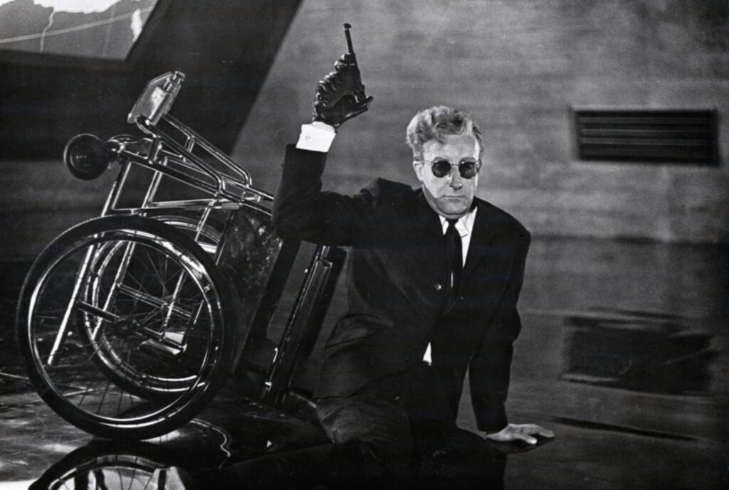 Peter Sellers as Dr. Strangelove in <em>Dr. Strangelove or: How I Learned to Stop Worrying and Love the Bomb</em>. Photo courtesy of mentalfloss.com.