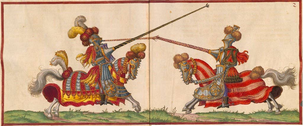 Renaissance-era depiction of a joust in traditional or "high" armour, based on then-historical late medieval armour (Paulus Hector Mair, de arte athletica, 1540s).