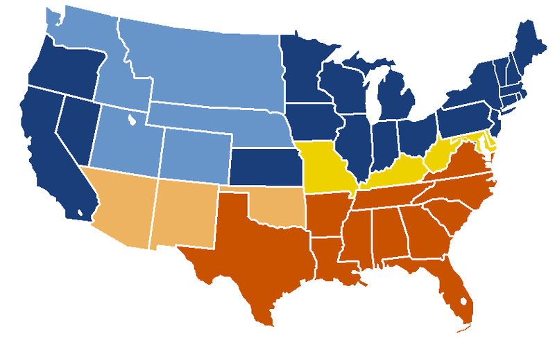 US Secession map. The Union vs. the Confederacy.