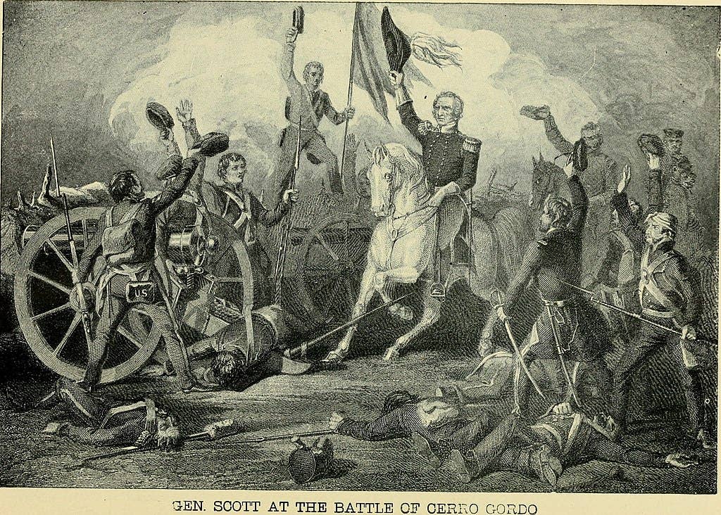 Allegorical depiction of Winfield Scott on horseback during the Battle of Cerro Gordo.