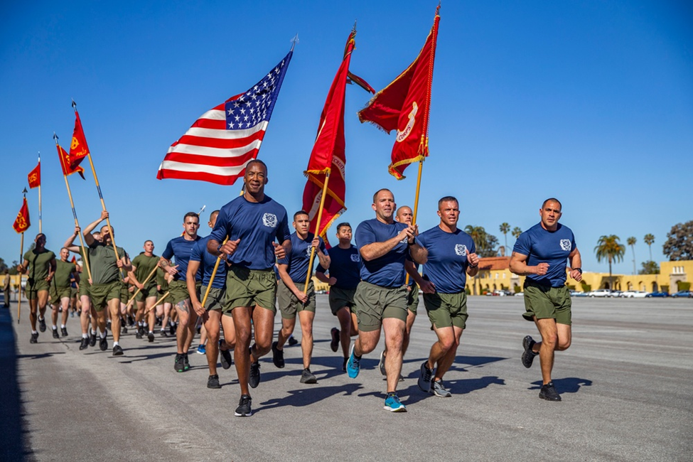 SAN DIEGO, CA, 02.24.2022<br>Photo by Cpl. Grace Kindred , Marine Corps Recruit Depot, San Diego<br>U.S. Marines with Lima Company, 3rd Recruit Training Battalion, run in formation during a motivational run at Marine Corps Recruit Depot San Diego, Feb. 24, 2022. The Marines leading from the front were responsible for the training and organization of 3rd Recruit Training Battalion. Friends and family of Lima Company attended the event to celebrate the completion of recruit training.