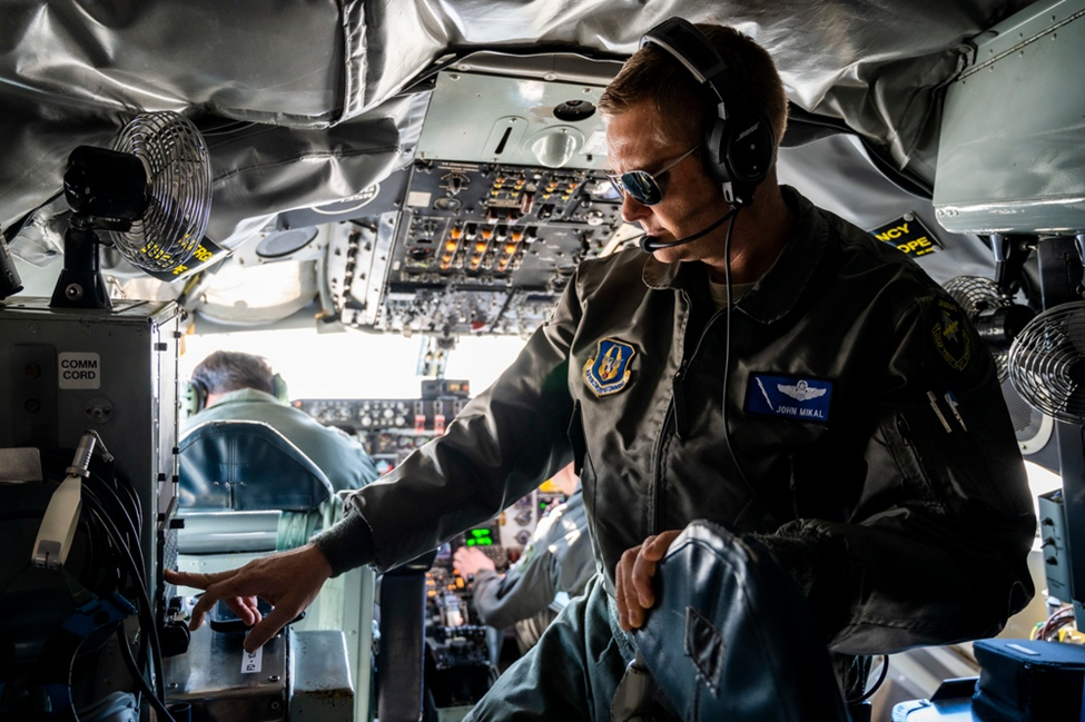 JOINT BASE CHARLESTON, SC, 02.03.2022<br>Photo by Staff Sgt. Shawn White, 4th Combat Camera Squadron<br>U.S. Air Force Lt. Col. John Mikal, aircraft commander, 370th Flight Test Squadron, conducts pre-flight checks in a KC-135 Stratotanker at Edwards Air Force Base, Ca., Feb. 4th, 2022. The KC-135 Stratotanker provides the core aerial refueling capability for the United States Air Force and has excelled in this role for more than 60 years.