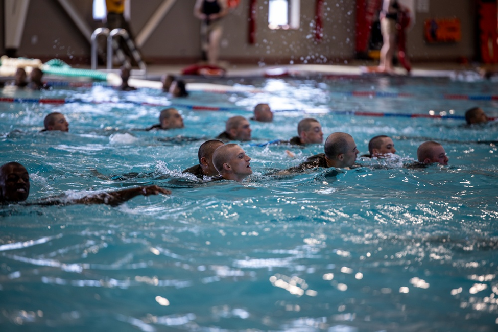 BEAUFORT, SC, 02.24.2022<br>Photo by Lance Cpl. Christopher McMurry, Marine Corps Recruit Depot, Parris Island<br>Recruits with Hotel company, 2nd Recruit Training Battalion, practice to pass swim qualification aboard Marine Corps Recruit Depot Parris Island Feb. 24, 2022. Recruits who fail to qualify on their first attempt are identified as iron ducks. The Marines in charge of training the iron ducks are the Marine Corps Instructors of Water Survival (MCIWS).