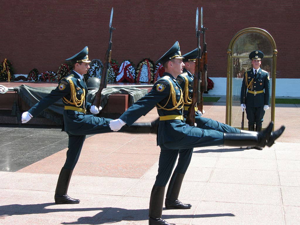 Russian Kremlin Guards goose-stepping at slow march near the Tomb of the Unknown Soldier, Moscow.