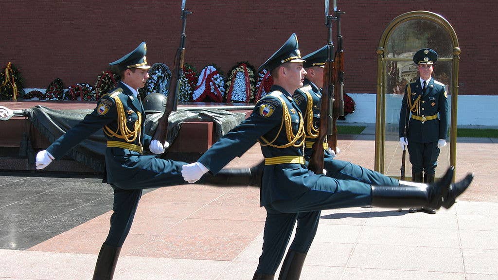 Russian Kremlin Guards goose-stepping at slow march near the Tomb of the Unknown Soldier, Moscow.