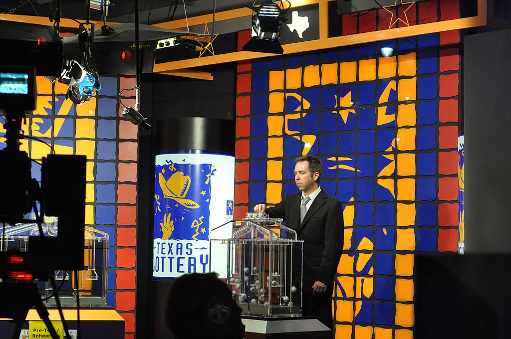A lottery drawing being conducted at the television studio at Texas Lottery Commission headquarters.