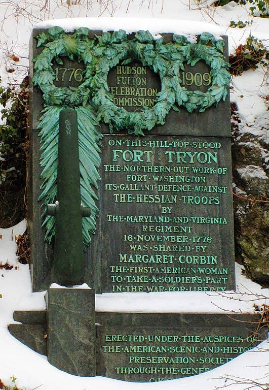 The 1909 memorial dedicated to Margaret Corbin and her compatriots in <a href="https://en.wikipedia.org/wiki/Fort_Tryon_Park">Fort Tryon Park</a>, <a href="https://en.wikipedia.org/wiki/Manhattan">Manhattan</a>, <a href="https://en.wikipedia.org/wiki/New_York_City">New York City</a>, near the location of the <a href="https://en.wikipedia.org/wiki/Battle_of_Fort_Washington">Battle of Fort Washington</a>.