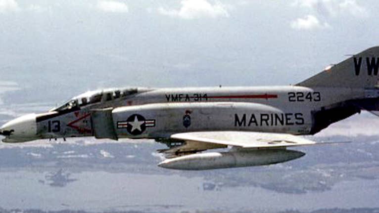 A McDonnell F-4B Phantom II (BuNo. 152243) of Marine fighter-bomber squadron VMFA-314 Black Knights returns to Chu Lai airbase, South Vietnam, in September 1968. (USMC photo)