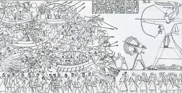 This scene from the north wall of Medinet Habu is often used to illustrate the Egyptian campaign against the Sea Peoples in what has come to be known as the Battle of the Delta.